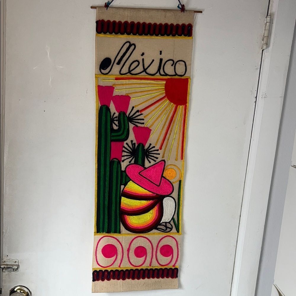 VINTAGE Burlap and Yarn Mexican Wall Art Tapestry